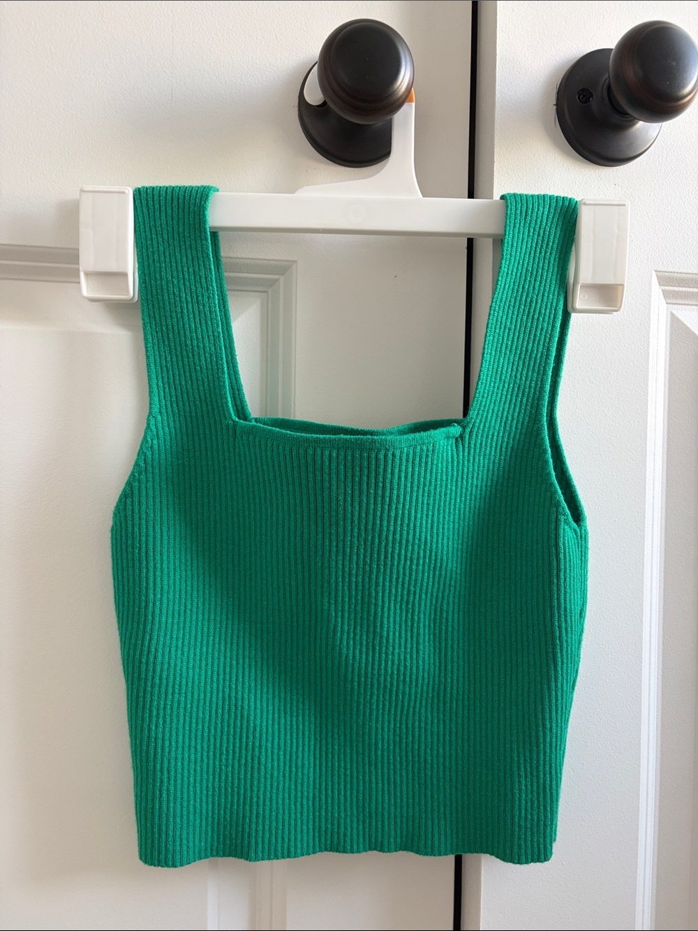 Green Ribbed Square-Neck Tank Top
